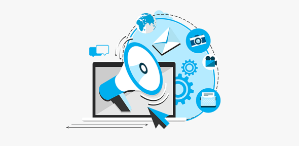 Online content icons bursting out of a laptop